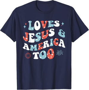 Loves Jesus and America Too Retro 4th of July Cute Christian T-Shirt - T-Shirt | Navy