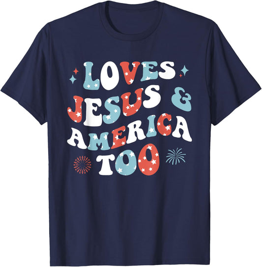 Loves Jesus and America Too Retro 4th of July Cute Christian T-Shirt - T-Shirt | Navy
