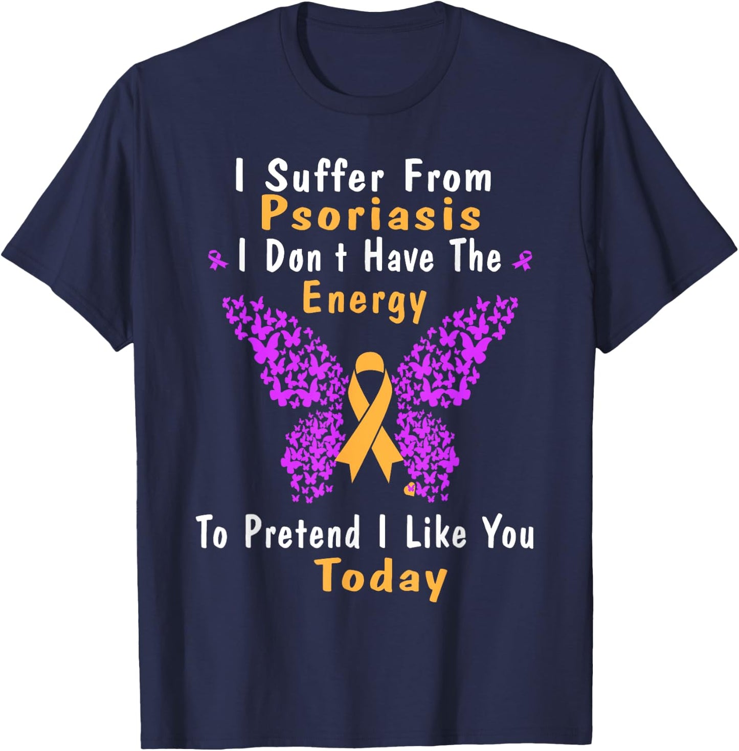 Psoriasis Awareness Butterfly Purple and Orange Ribbon T-Shirt - T-Shirt | Navy