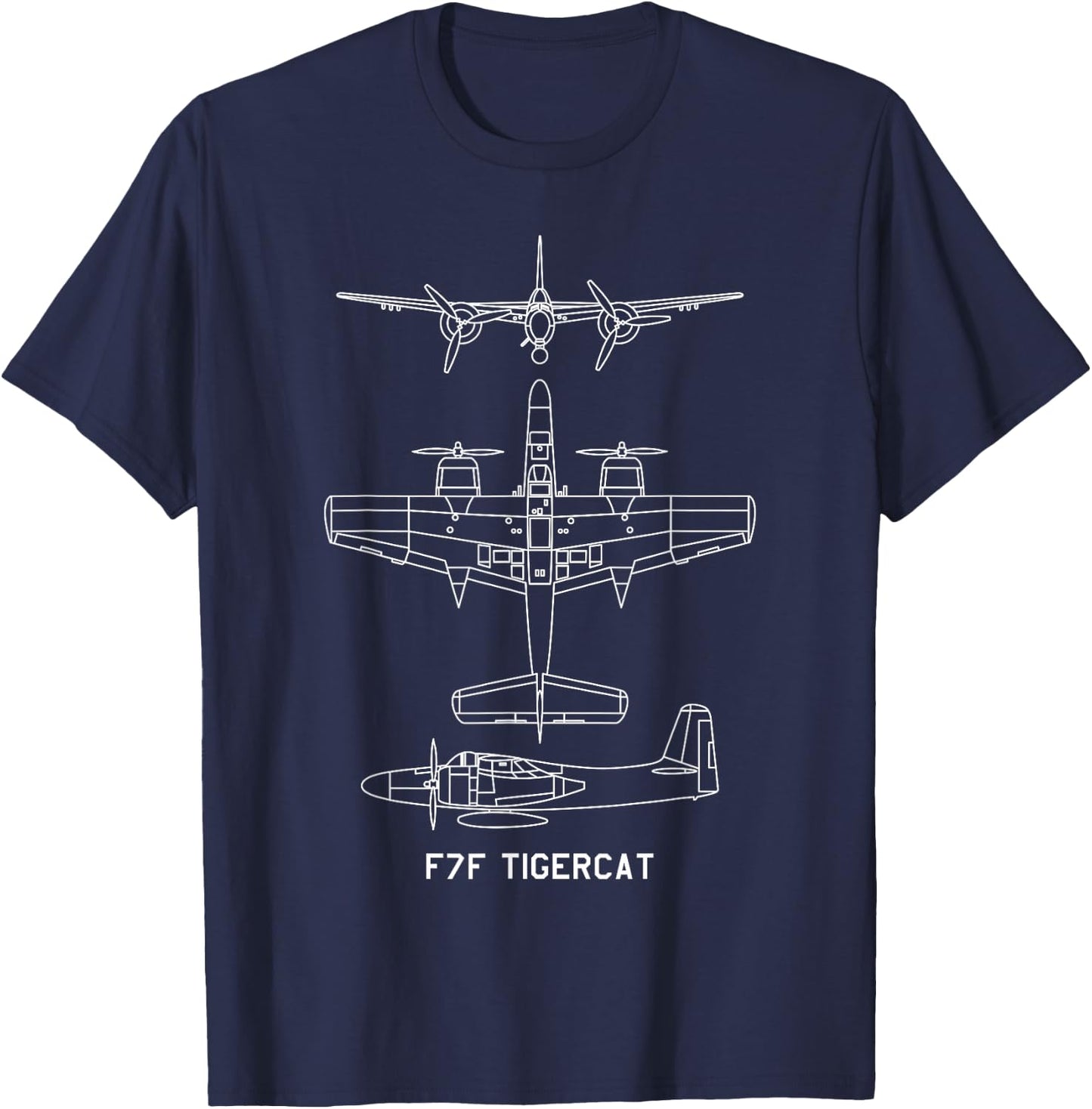 F7F Tigercat American WW2 Fighter Aircraft Blueprints T-Shirt - T-Shirt | Navy