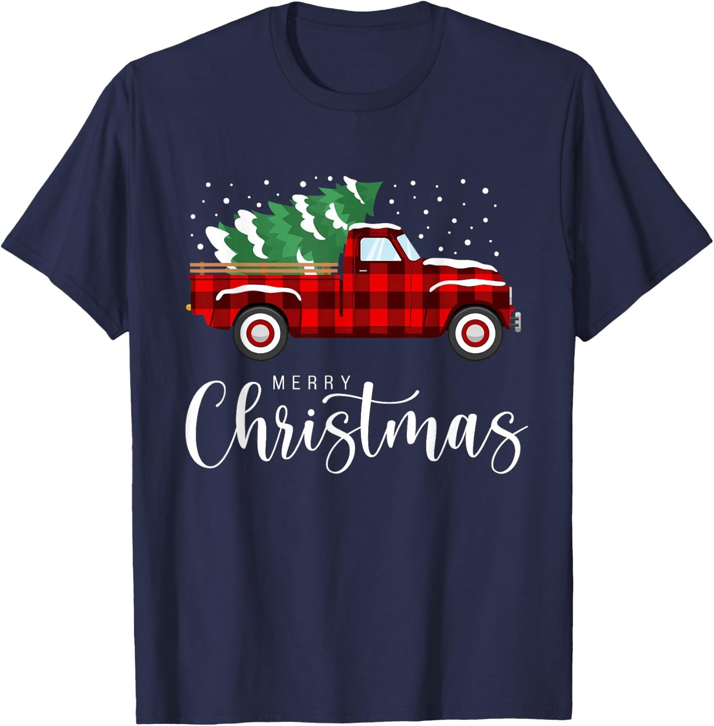 Merry Christmas Red Truck Buffalo Plaid Xmas Retro Vintage T-Shirt - T-Shirt | Navy