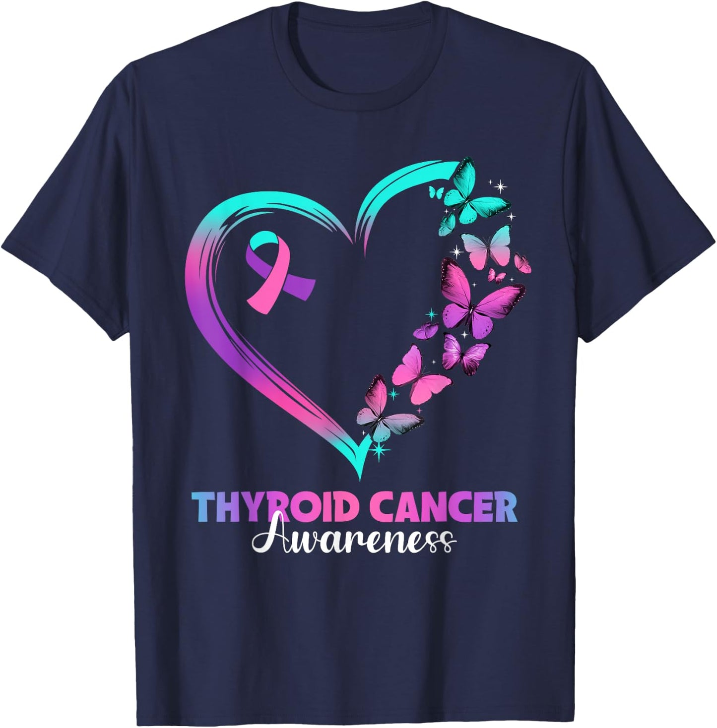 Butterfly Heart Ribbon Thyroid Cancer Awareness Warrior T-Shirt - T-Shirt | Navy