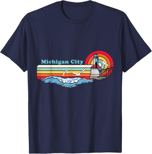 Michigan City Indiana Retro Beach Design with Lighthouse Men Women Girls Kids T-Shirt - T-Shirt | Navy
