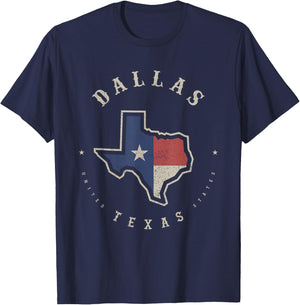 Vintage Dallas Texas State Flag Map Souvenir Gift T-Shirt - T-Shirt | Navy