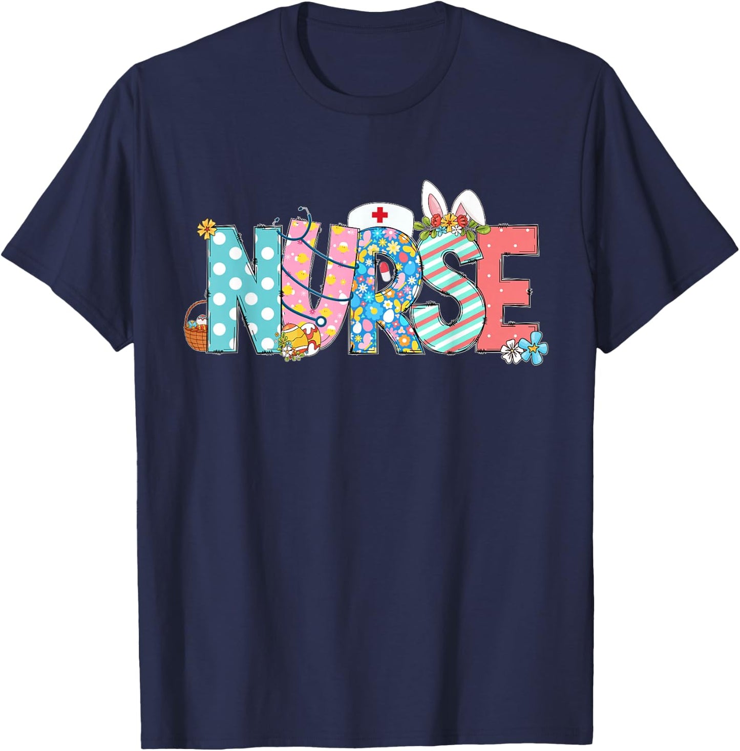 Easter Nurse With Stethoscope And Easter Eggs Nurse Easter T-Shirt - T-Shirt | Navy