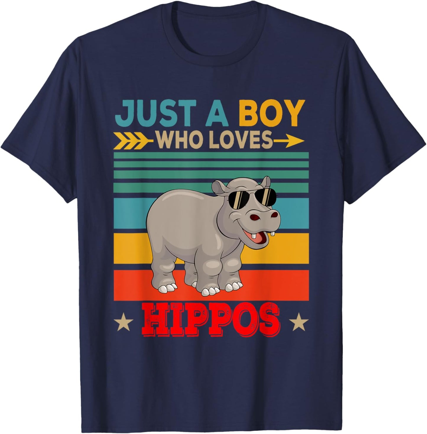 Vintage Retro Just A Boy Who Loves Hippos Cute Sunglasses T-Shirt - T-Shirt | Navy