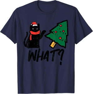 Black Cat Tipping Christmas Tree What Funny Men Women Kids T-Shirt - T-Shirt | Navy