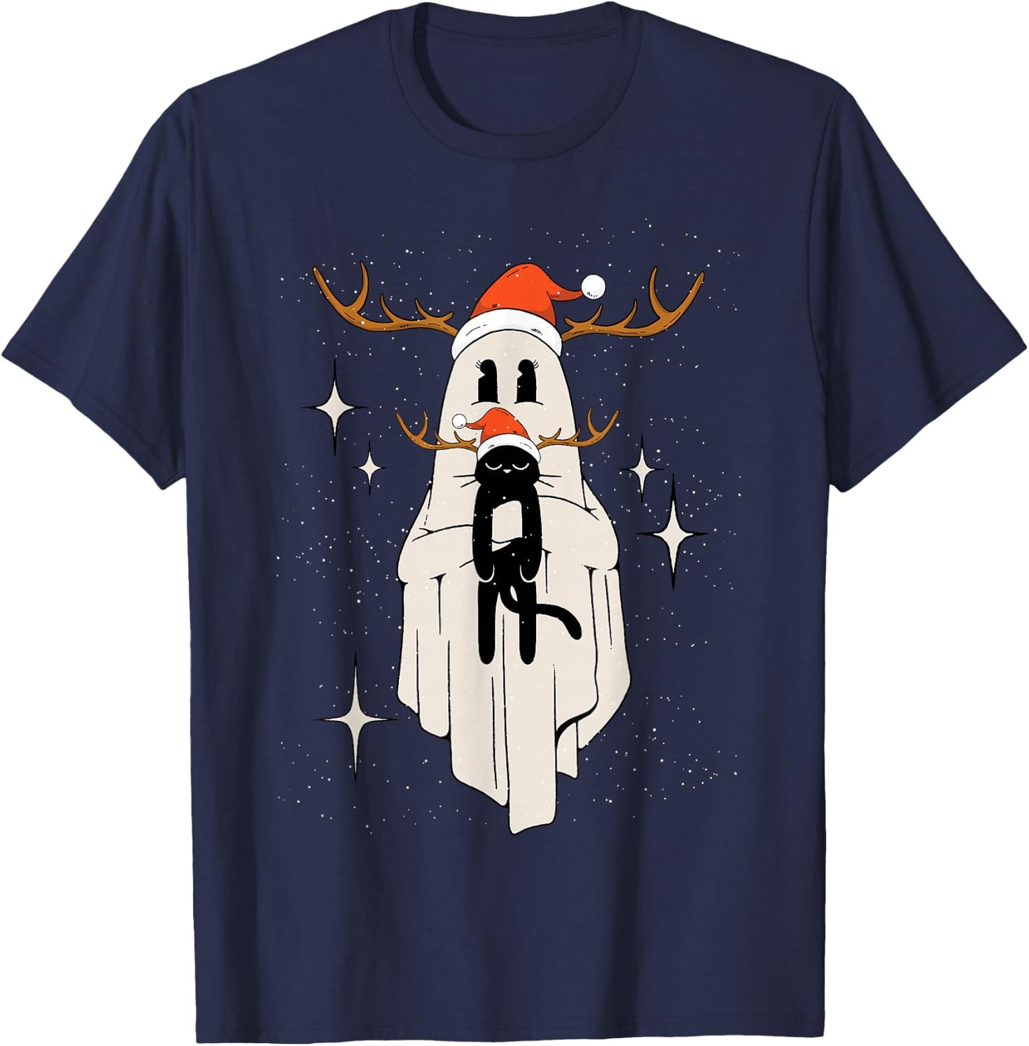 Cute Ghost with Santa Hat holding Black Cat - Kids Women Men T-Shirt - T-Shirt | Navy