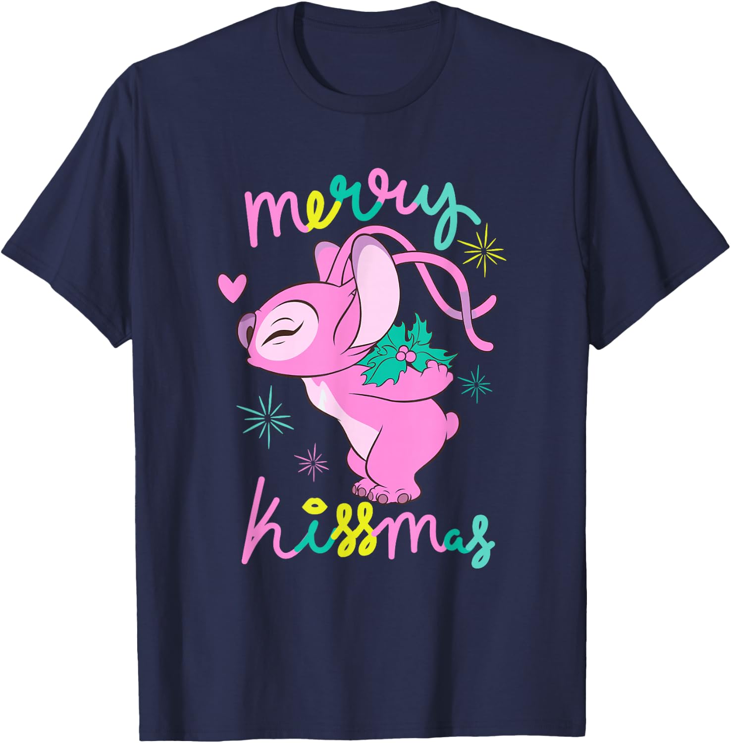 Disney Lilo & Stitch Christmas Angel Merry Kissmas Mistletoe T-Shirt - T-Shirt | Navy