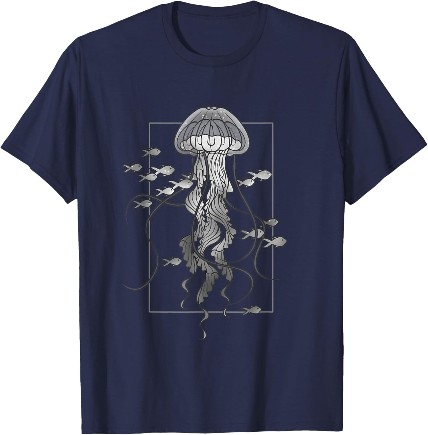 Jellyfish with Fishes Graphic in Sea T-Shirt - T-Shirt | Navy