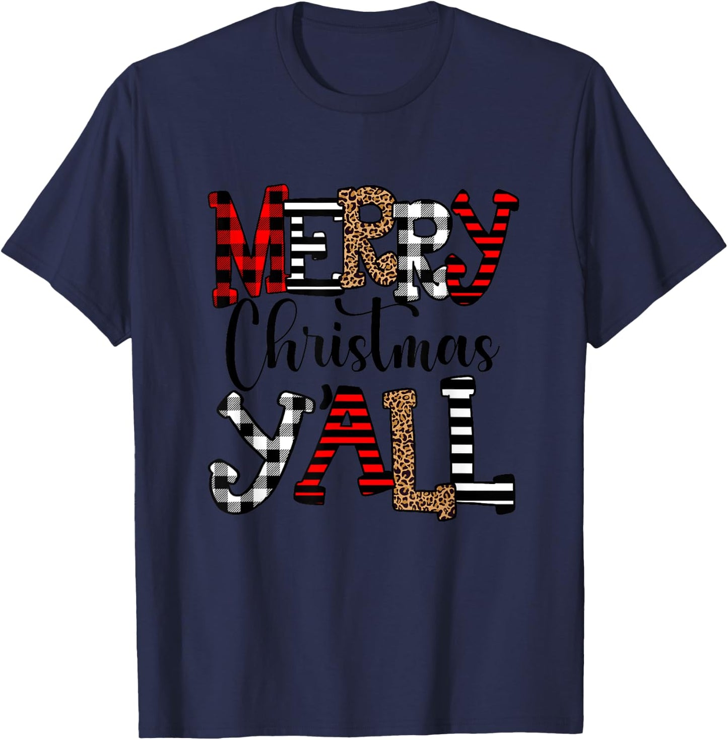 Western Country Merry Christmas Ya'll Leopard Buffalo Plaid T-Shirt - T-Shirt | Navy