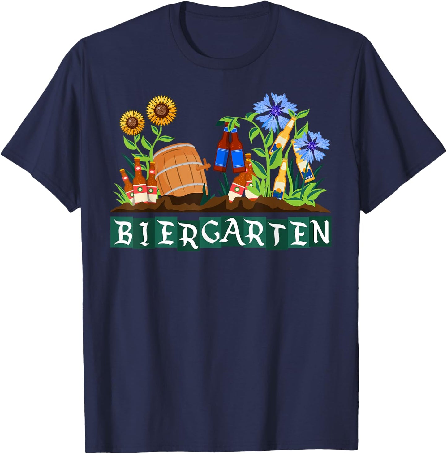 Retro Biergarten Sunflowers Cornflowers Octoberfest T-Shirt - T-Shirt | Navy