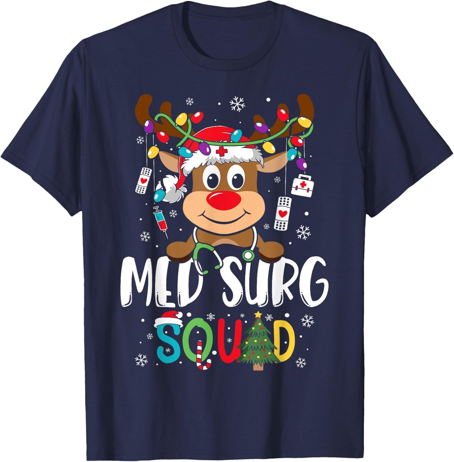 Med Surg Squad Reindeer Stethoscope Nurse Christmas T-Shirt - T-Shirt | Navy