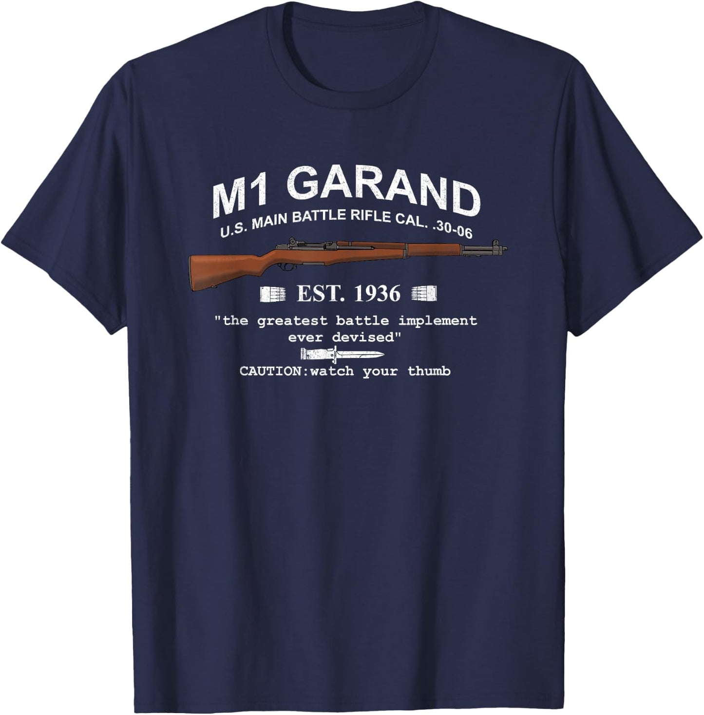 M1 Garand Rifle Gun WWII Watch Your Thumb EST 1936 Graphic T-Shirt - T-Shirt | Navy