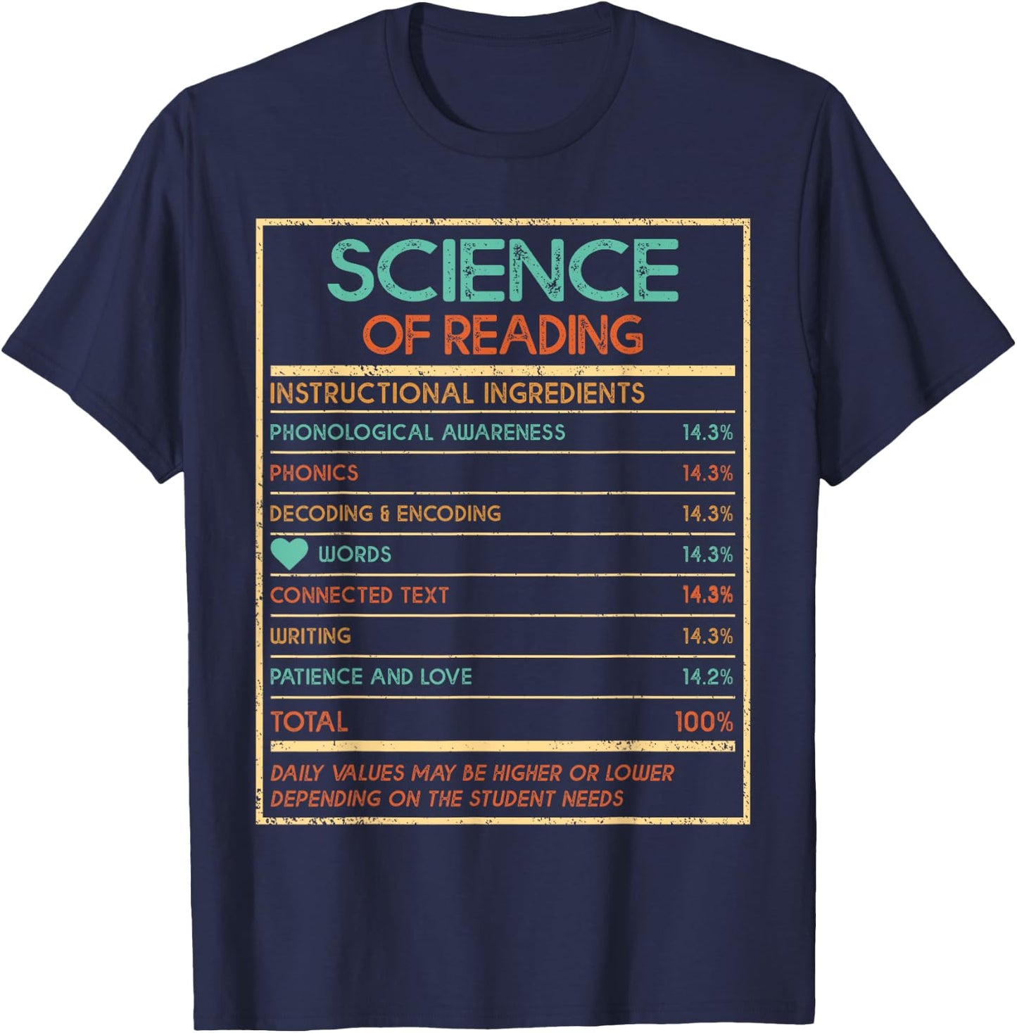 Reading Teacher Funny Science Of Reading Nutrition Facts Women Kids T-Shirt - T-Shirt | Navy