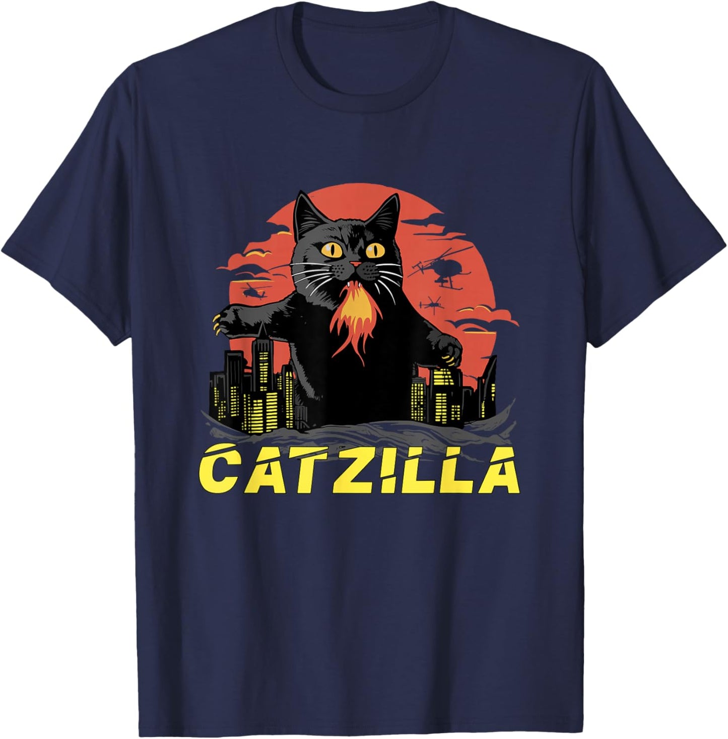 Japanese Cat Sunset Catzilla T-Shirt - T-Shirt | Navy