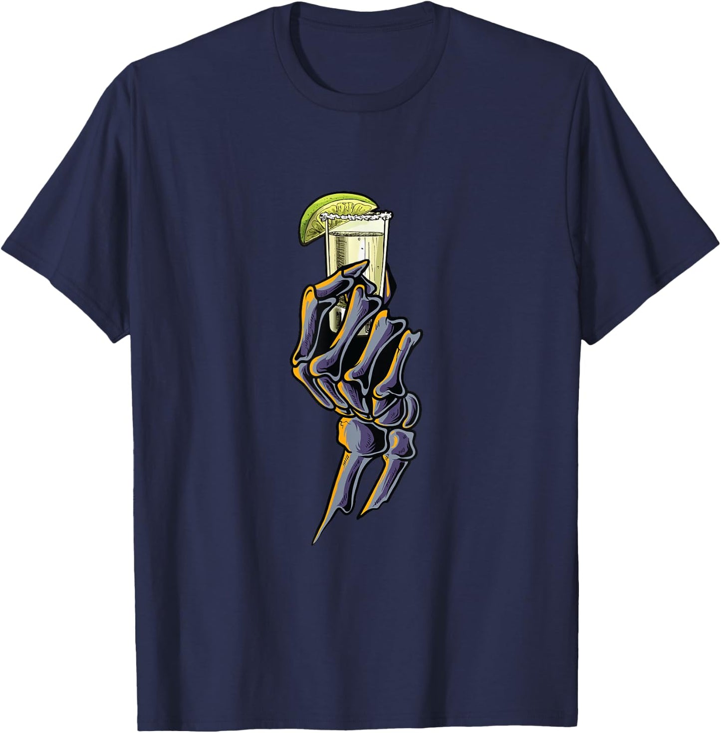 Funny Skeleton Hand With Tequila | Alcohol Party T-Shirt - T-Shirt | Navy