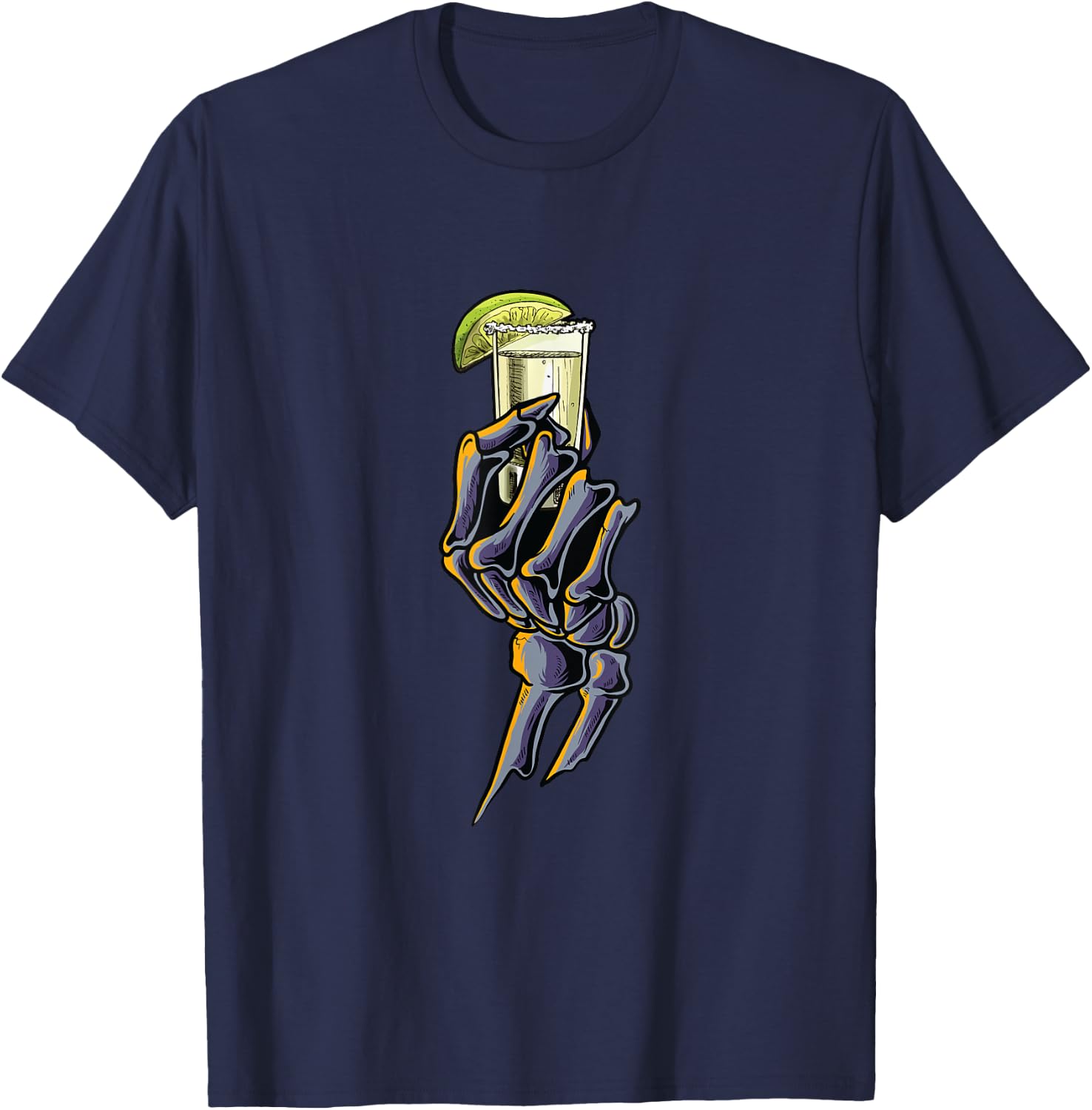 Funny Skeleton Hand With Tequila | Alcohol Party T-Shirt - T-Shirt | Navy
