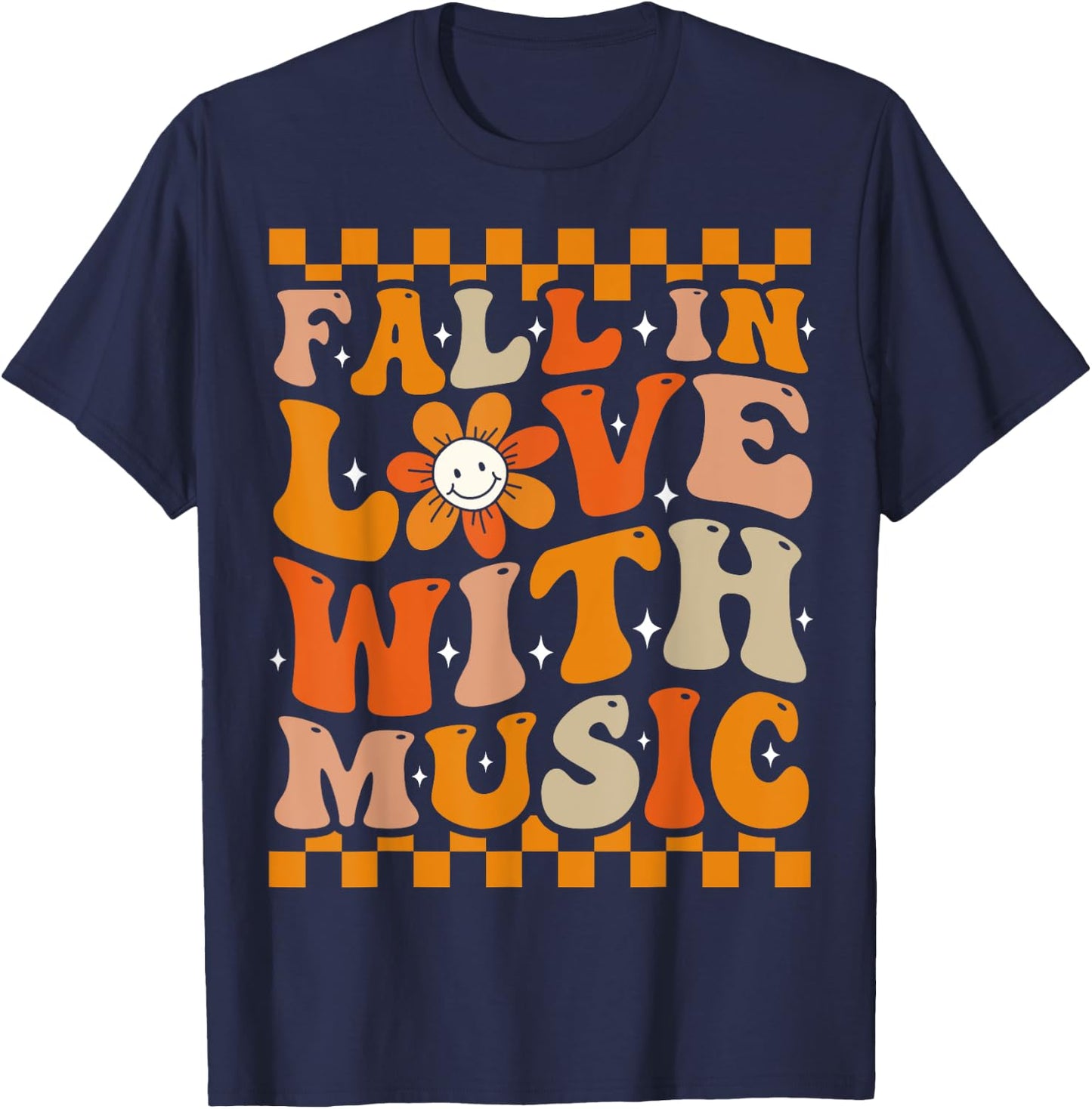 Fall In Love With Music Groovy Thanksgiving Music Teacher Men Women Girls Kids T-Shirt - T-Shirt | Navy