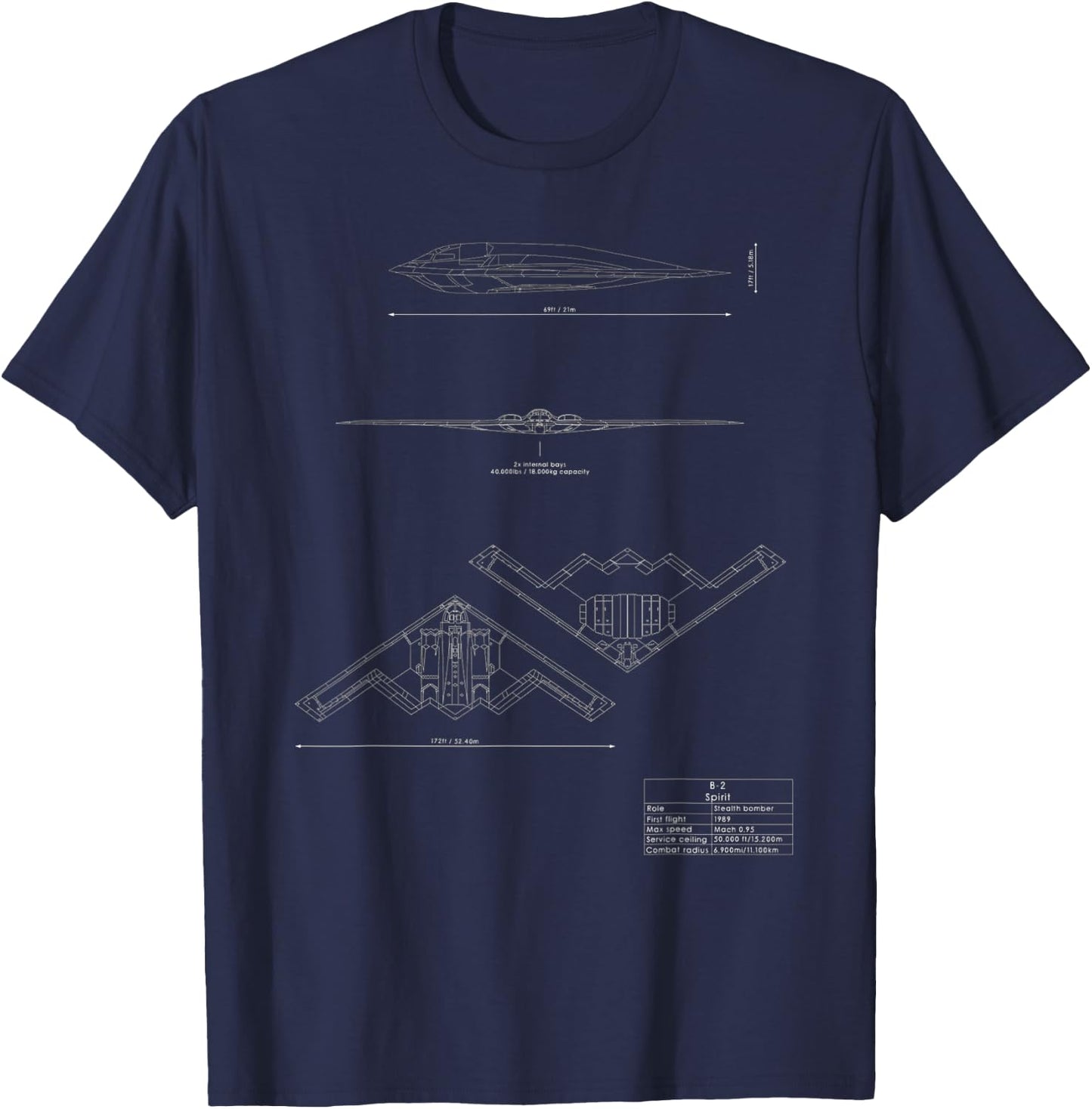 B-2 Spirit Stealth Bomber Tech Drawing Military Airplane T-Shirt - T-Shirt | Navy