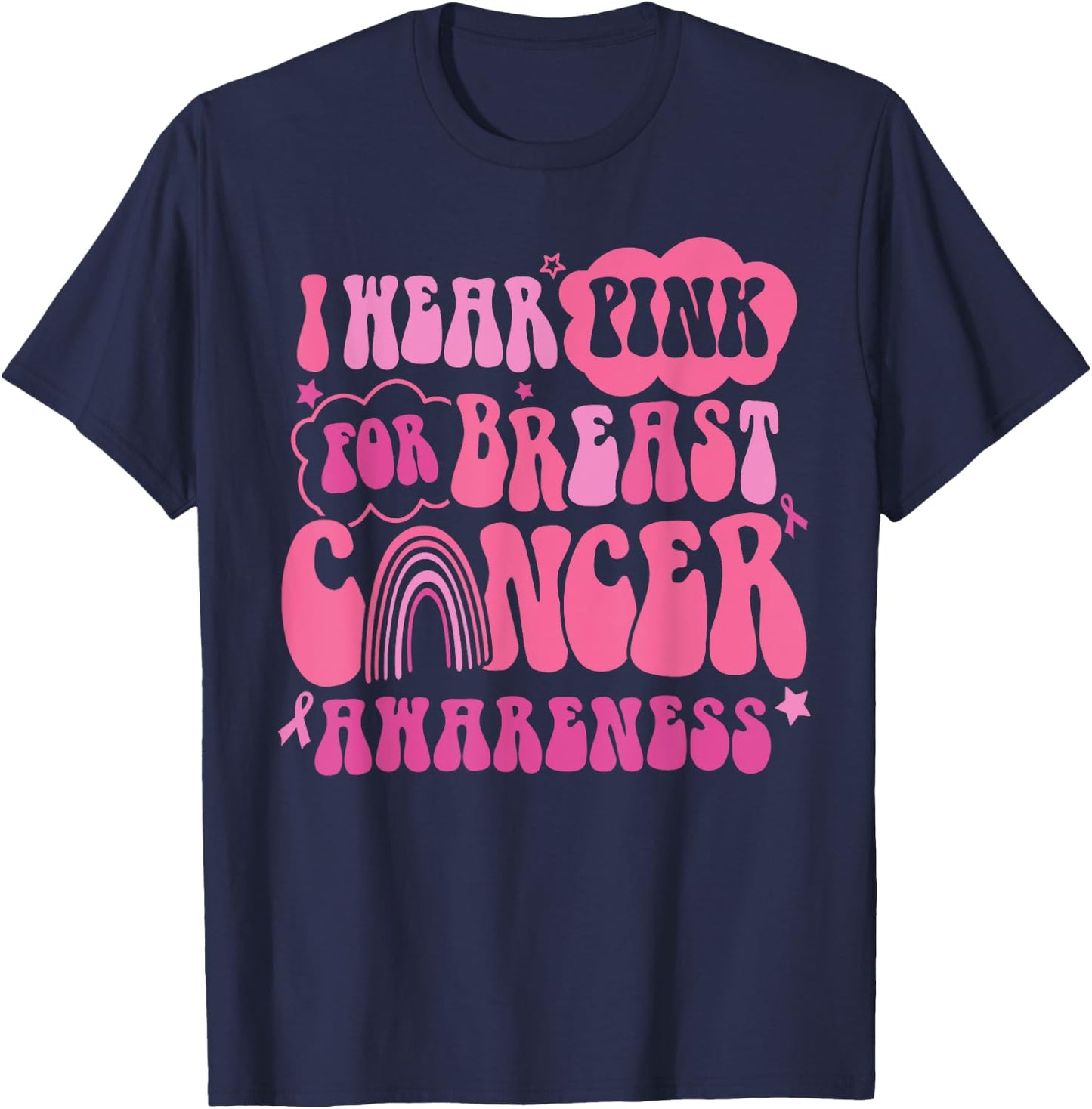 Retro Groovy I Wear Pink For Breast Cancer Awareness T-Shirt - T-Shirt | Navy