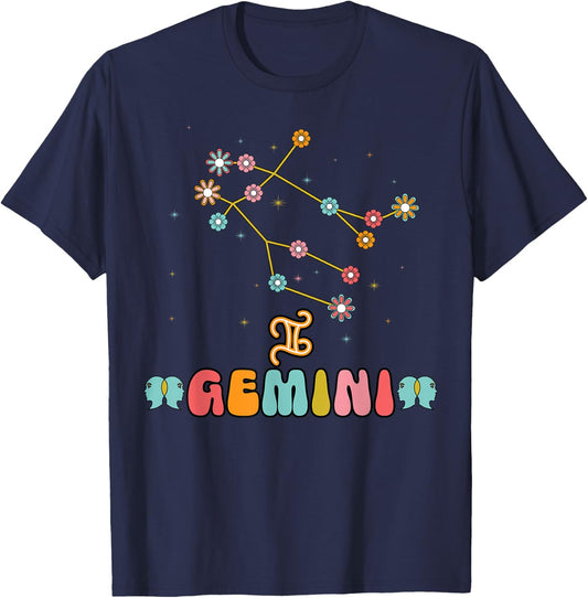 Gemini Constellation Zodiac May June Birthday Retro Floral T-Shirt - T-Shirt | Navy