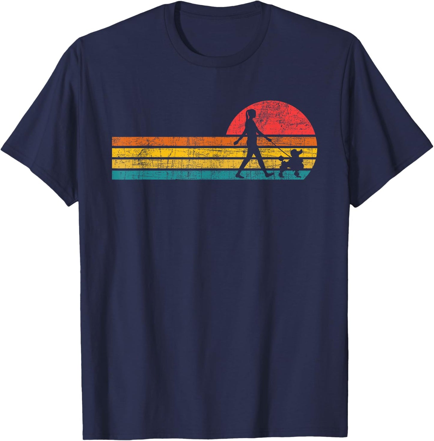 Girl Walking With Poodle - Retro Vintage Dog Trainer Breeder T-Shirt - T-Shirt | Navy