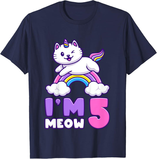 Birthday girl 5 years old, cat, unicorn, 5th birthday T-Shirt - T-Shirt | Navy