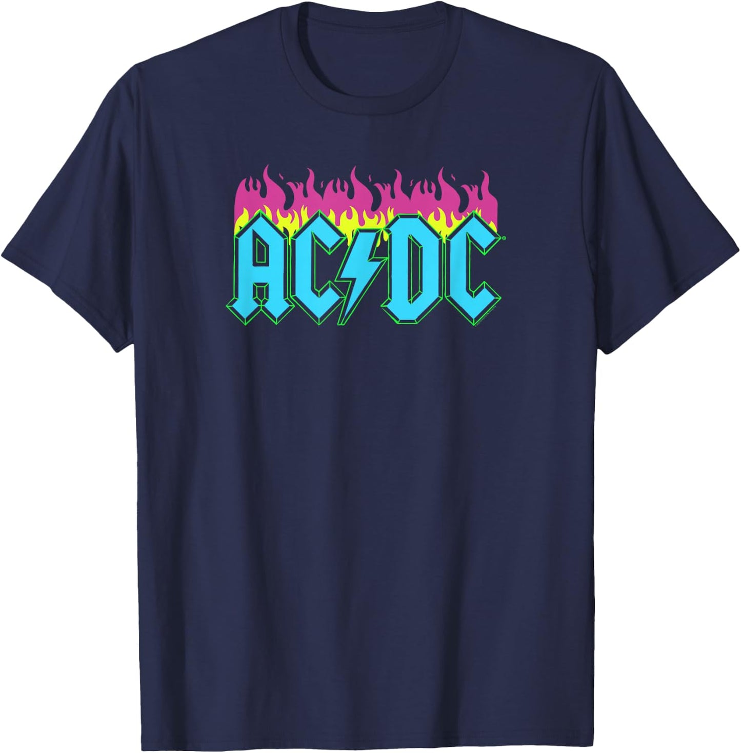 Official AC/DC Rock Music Band Neon Flames Logo T-Shirt - T-Shirt | Navy