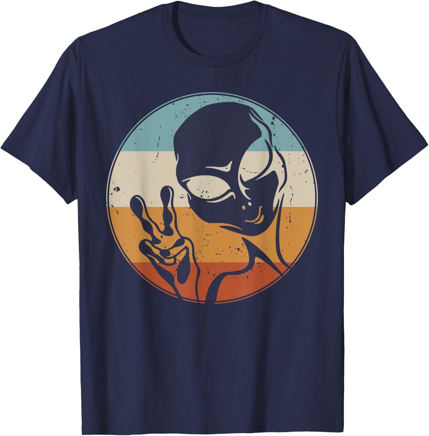 Retro Vintage Alien Peace Hand UFO Space Lovers T-Shirt - T-Shirt | Navy