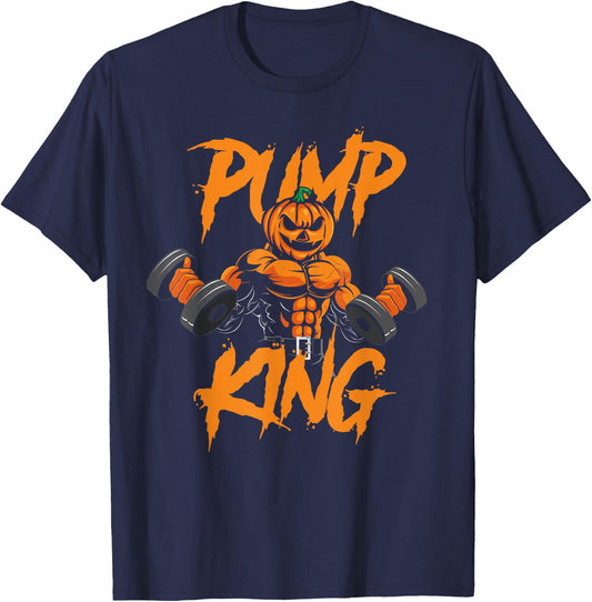 Pump King Halloween Gym Workout Lifting Pumpkin Pun Funny T-Shirt - T-Shirt | Navy