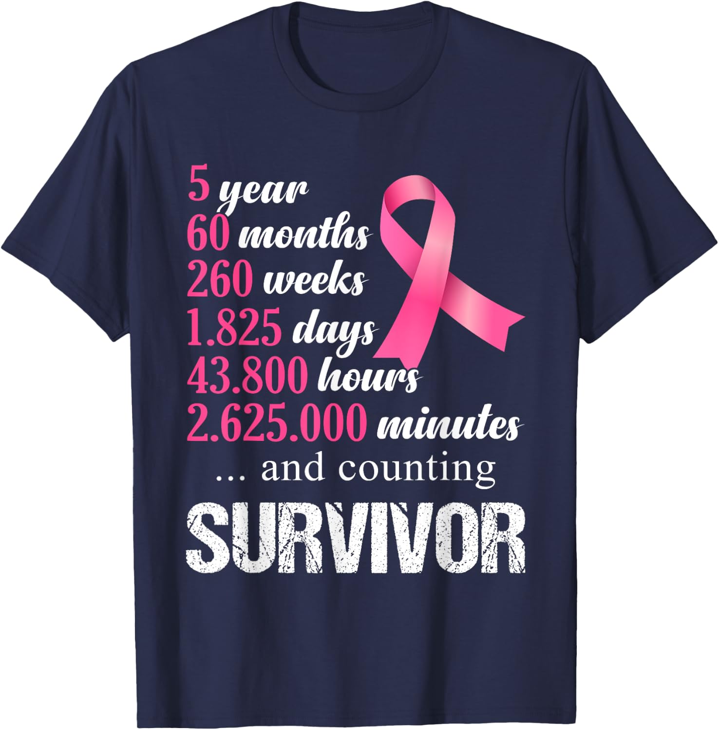 5 Year Survivor Breast Cancer Awareness Pink Ribbon T-Shirt - T-Shirt | Navy