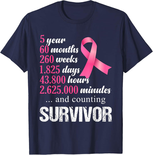 5 Year Survivor Breast Cancer Awareness Pink Ribbon T-Shirt - T-Shirt | Navy