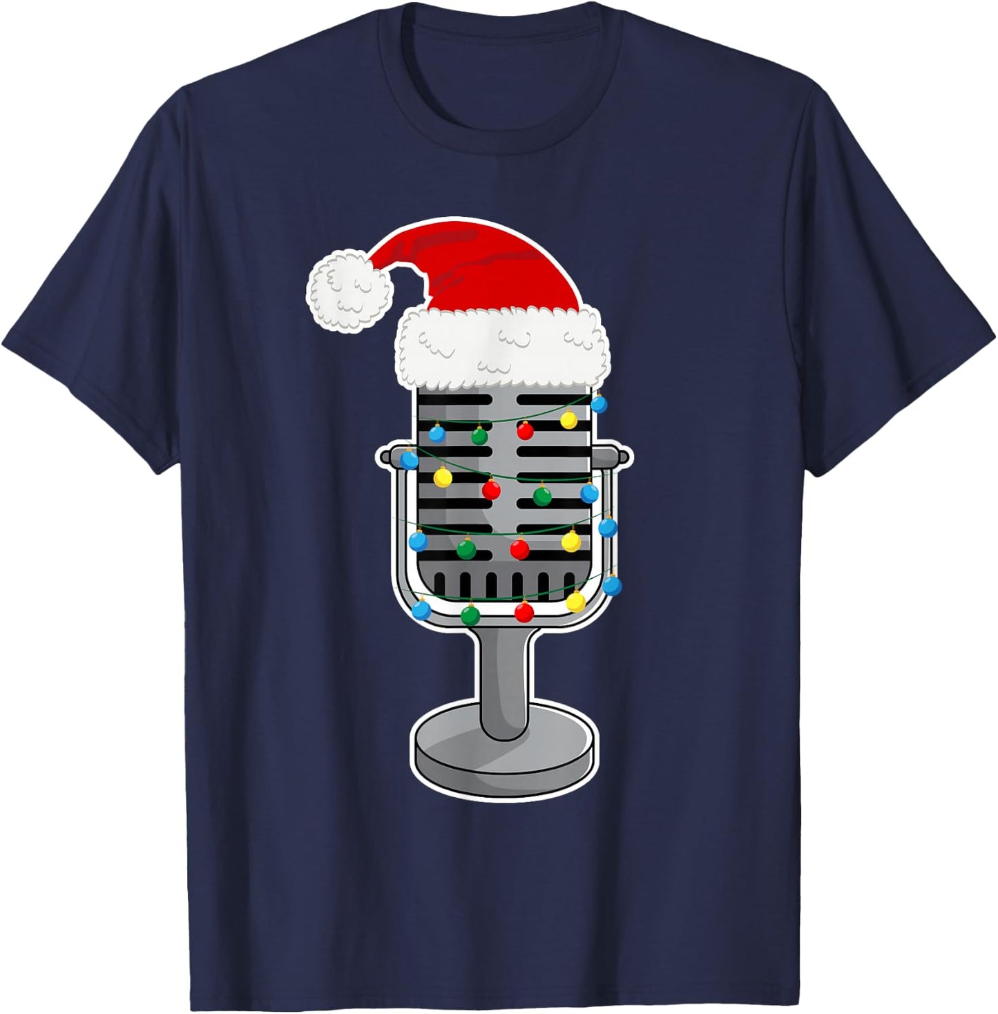 Christmas Lights Podcast Mic Wearing Xmas Hat Podcaster T-Shirt - T-Shirt | Navy