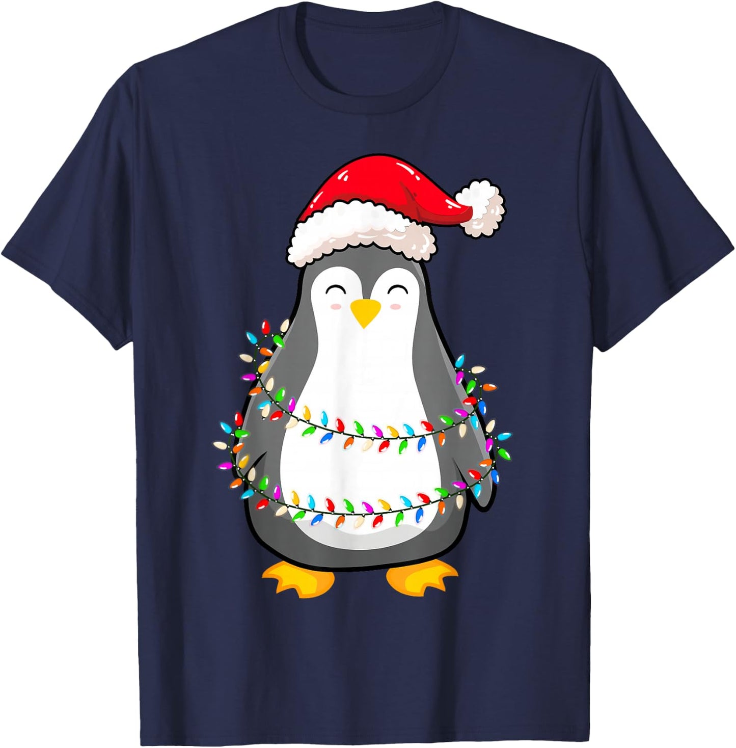 Christmas Lights Penguin Wearing Xmas Hat - Penguin Lover T-Shirt - T-Shirt | Navy