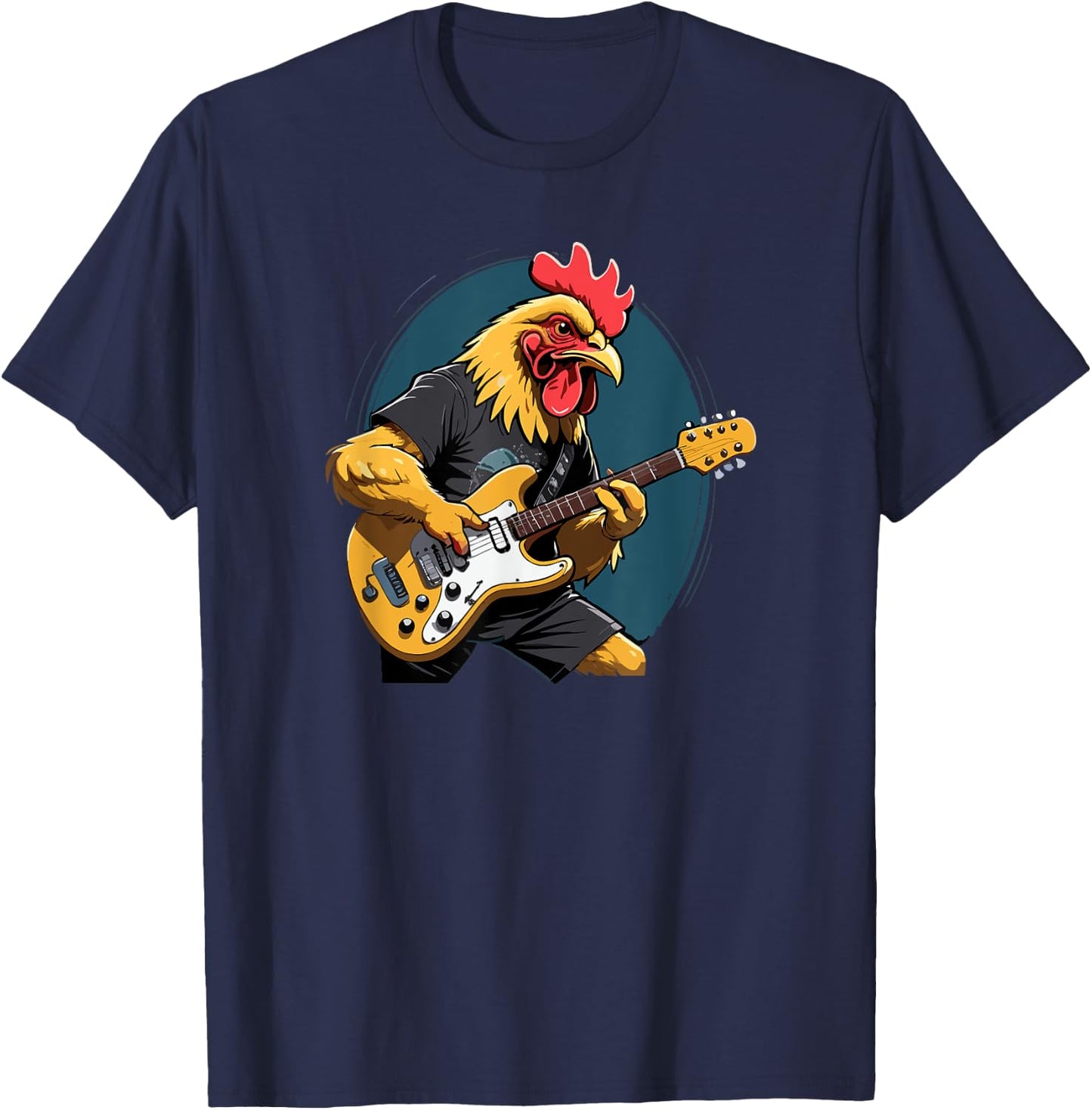 Music Lovers Chicken playing Guitar Chicken Guitarist Black Cartoon T-Shirt - T-Shirt | Navy