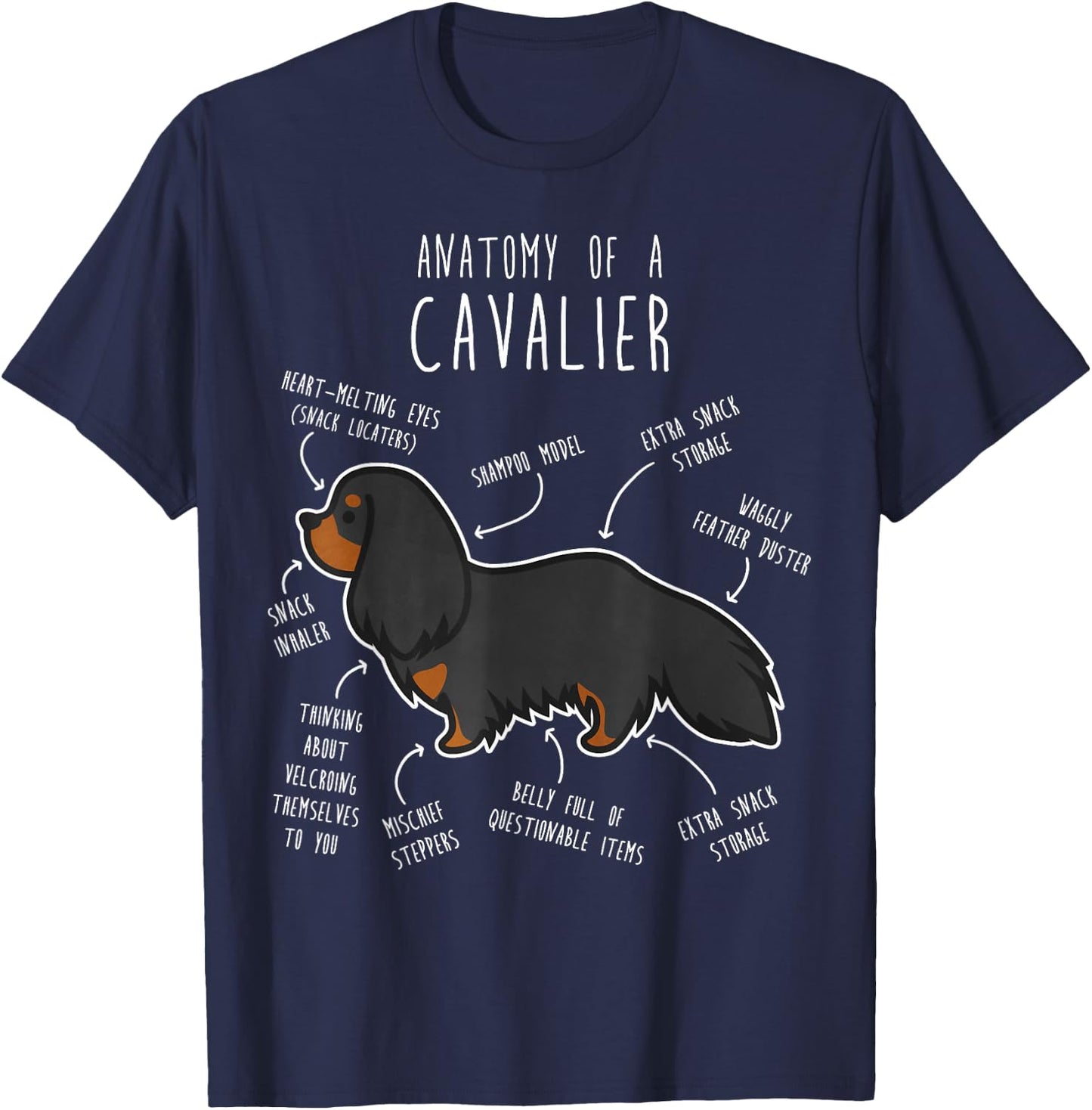 Cavalier King Charles Spaniel Dog Black Tan Funny Anatomy Women Girls Kids T-Shirt - T-Shirt | Navy