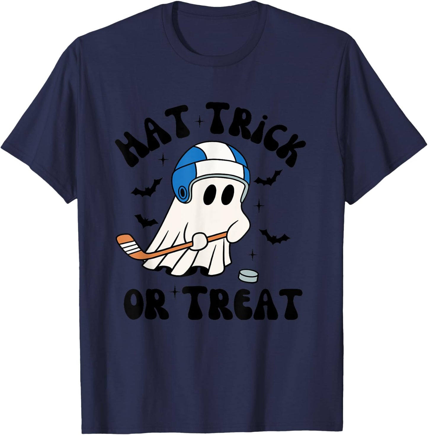 Hat Trick or Treat, Hilarious Hockey Halloween Family Shirt T-Shirt - T-Shirt | Navy