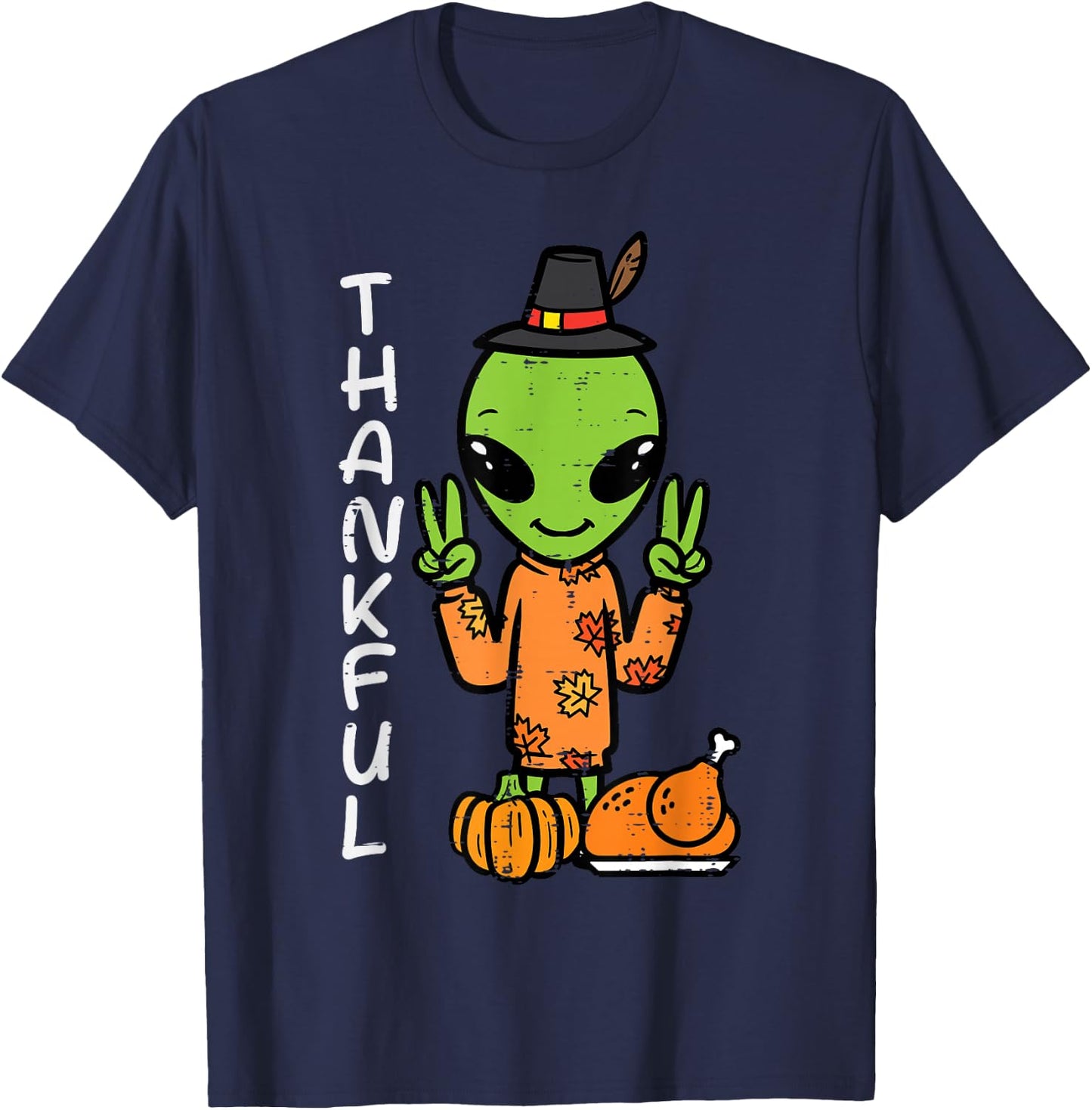 Thanksgiving Alien Peace Thankful Fall Space Kids Men Women T-Shirt - T-Shirt | Navy
