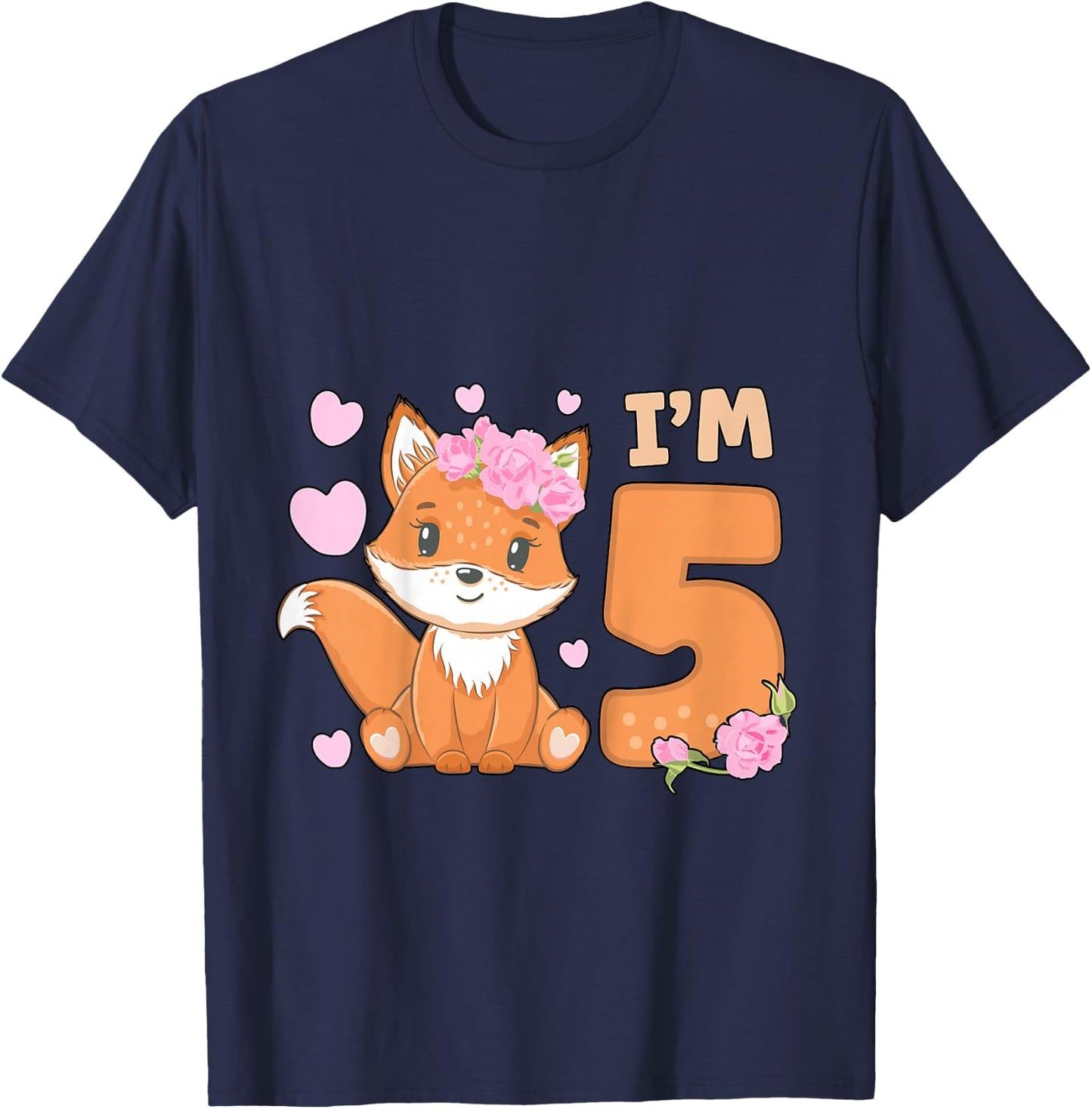 5th Fox Birthday Party Five Year Old Girl Fox Birthday T-Shirt - T-Shirt | Navy