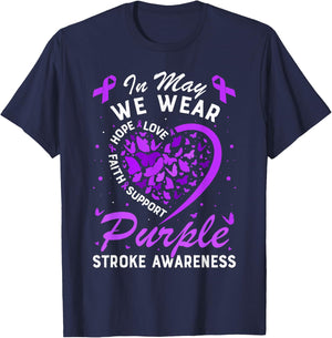 In May We Wear Purple Ribbon Stroke Awareness Butterfly T-Shirt - T-Shirt | Navy