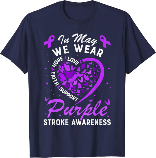 In May We Wear Purple Ribbon Stroke Awareness Butterfly T-Shirt - T-Shirt | Navy