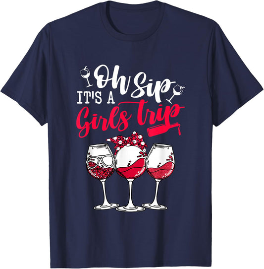 Oh Sip It's A Girls Trip Leopard Print Wine Glasses Party T-Shirt - T-Shirt | Navy
