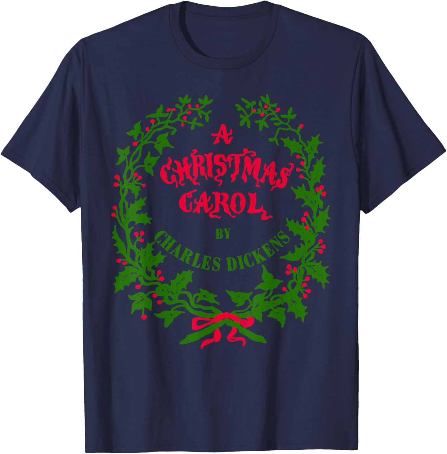 Vintage Mistletoe Wreath A Christmas Carol Art T-Shirt - T-Shirt | Navy