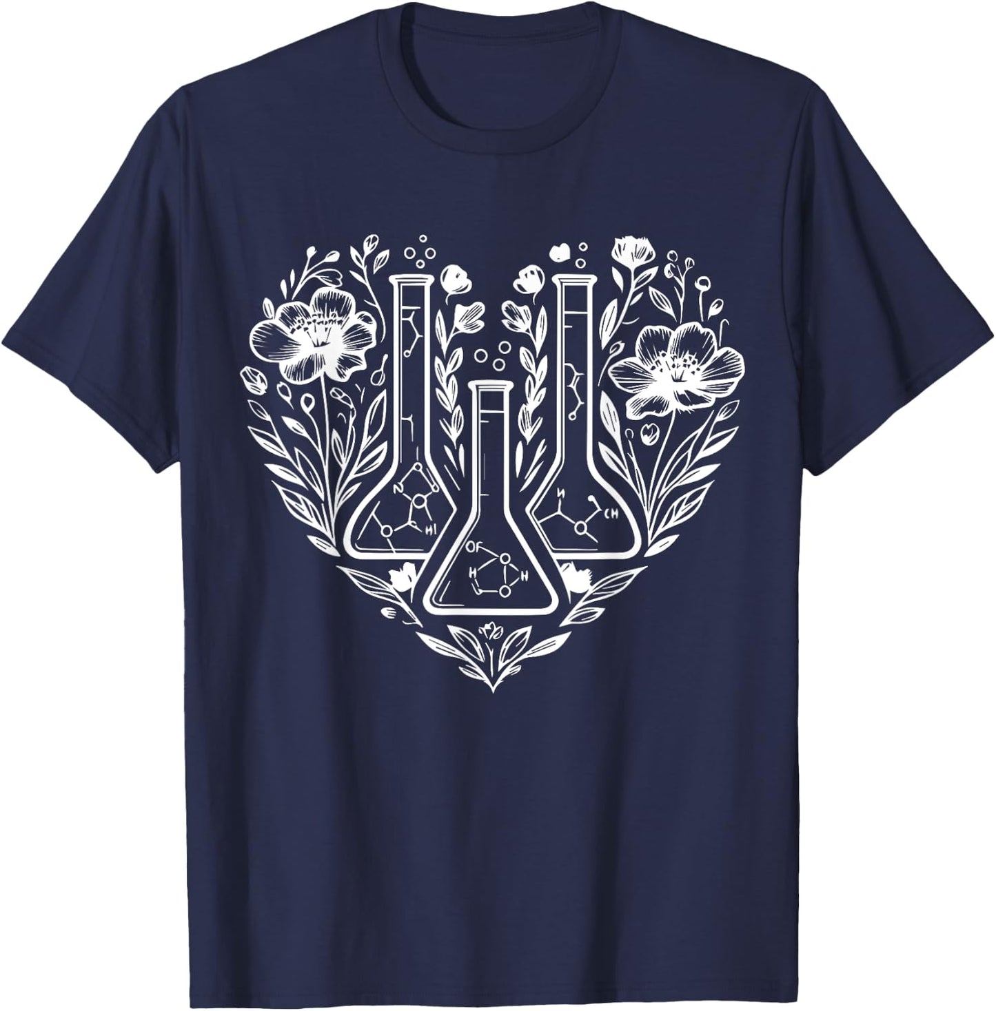 Retro Laboratory Floral Beakers Heart Chemistry Scientist T-Shirt - T-Shirt | Navy
