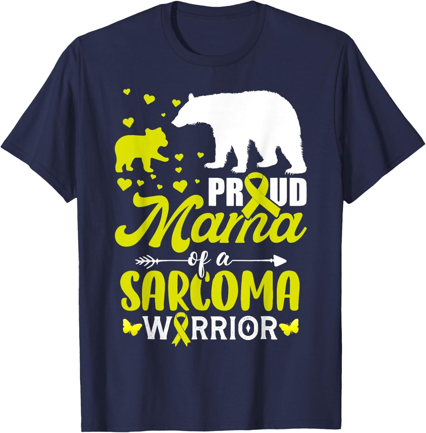 Mom Bear Proud Mama Of Sarcoma Cancer Warrior Yellow Ribbon T-Shirt - T-Shirt | Navy