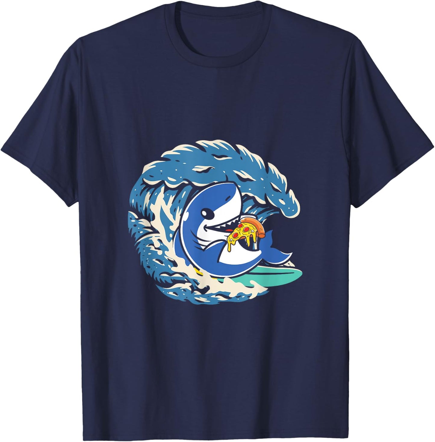 Surfing Shark Eating Pepperoni Pizza T-Shirt - T-Shirt | Navy