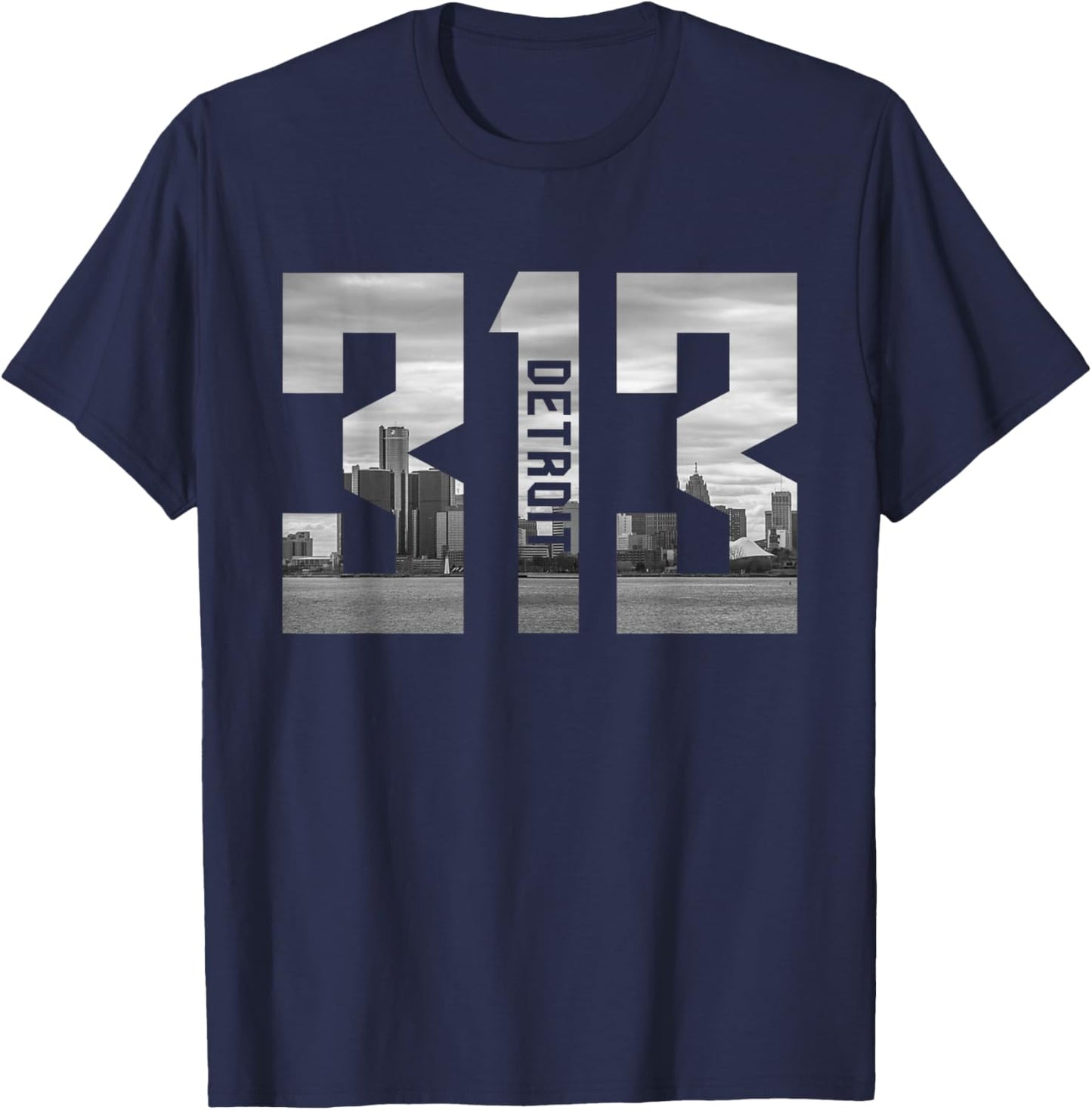 Vintage Detroit Michigan 313 Area Code Skyline T-Shirt - T-Shirt | Navy