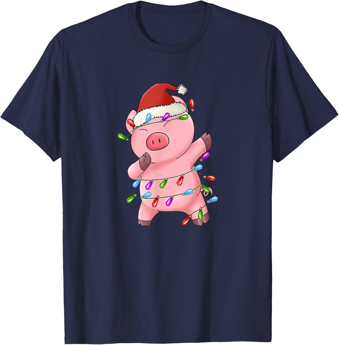 Dabbing Pig Santa Hat Christmas Tree Lights Funny Xmas T-Shirt - T-Shirt | Navy
