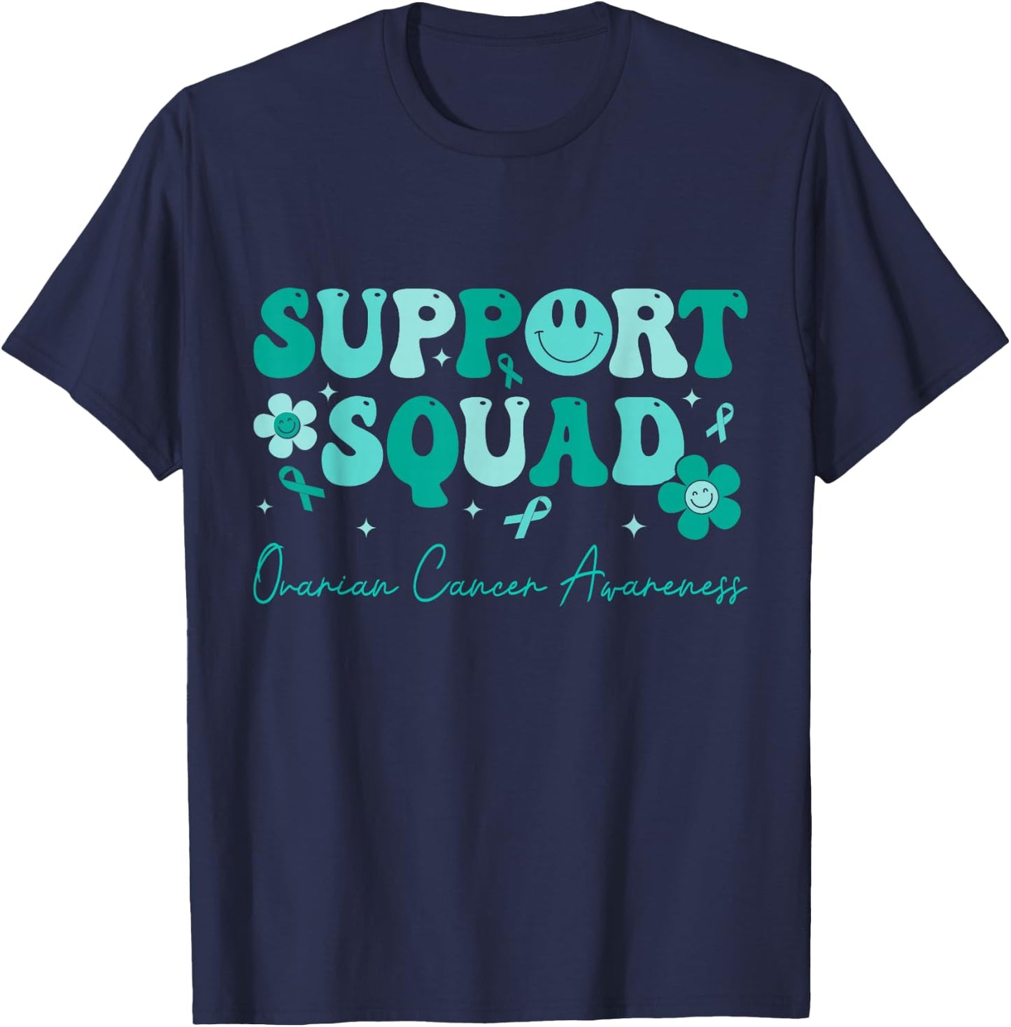 Groovy Support Squad Teal Ribbon Ovarian Cancer Awareness T-Shirt - T-Shirt | Navy